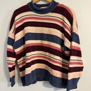 Jacque Koko Striped Mock Neck Sweater Women 14 16 Burgundy Pink Blue Cream Knit